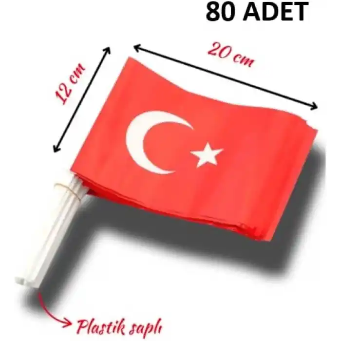 Sopalı Türk Bayrağı 20x12 cm Plastik Saplı El Sallama Bayrağı (20li, 40lı, 80li Paketler), 80