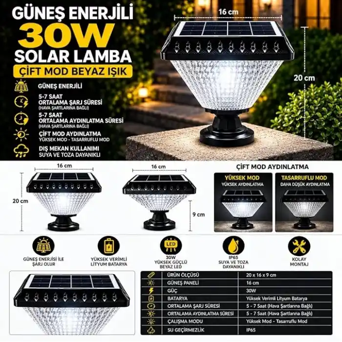 Edson 30W Solar Set Üstü Bahçe Lambası, Güneş Enerjili, Fotoselli, 2 Işık Modlu 6500K Beyaz SMD LED Armatür, IP65 Su Geçirmez, Kablosuz Balkon Dekorasyonu, Duvar Üstü ve Dış Mekân Aydınlatması