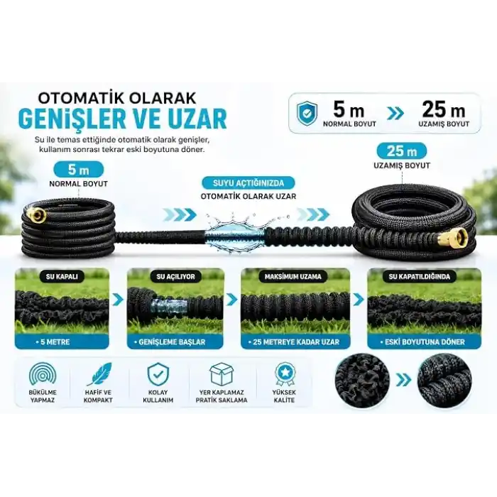 7 Fonksiyonlu Sulama Tabancalı Sihirli Bahçe Hortumu 5-25 Metre Uzayan Esnek Su Borusu, Pirinç Bağlantılı, Hafif, Bükülmeyen, Araç Temizliği, Çim, Çiçek