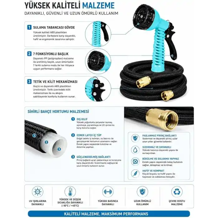 7 Fonksiyonlu Sulama Tabancalı Sihirli Bahçe Hortumu 5-25 Metre Uzayan Esnek Su Borusu, Pirinç Bağlantılı, Hafif, Bükülmeyen, Araç Temizliği, Çim, Çiçek