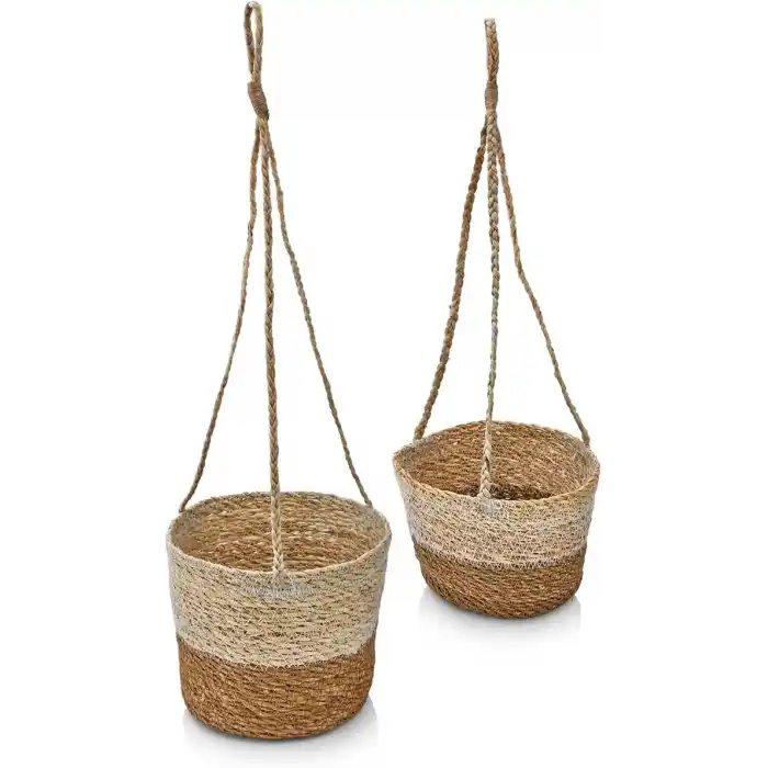 Deconox 2li Asılabilir El Yapımı ve Doğal Çift Renk Yuvarlak Hasır Saksılık Seti, 2li İpli Asılabilir Hasır Yuvarlak Saksı Seti (23cm*18cm-20cm*15cm)