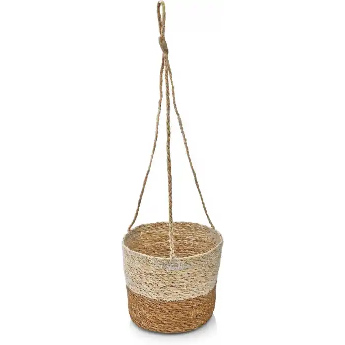 Deconox 2li Asılabilir El Yapımı ve Doğal Çift Renk Yuvarlak Hasır Saksılık Seti, 2li İpli Asılabilir Hasır Yuvarlak Saksı Seti (23cm*18cm-20cm*15cm)