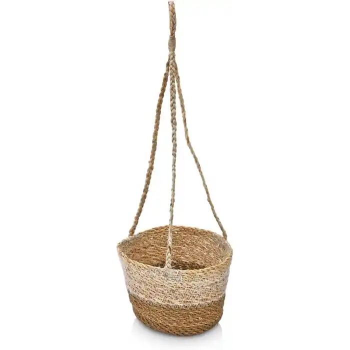 Deconox 2li Asılabilir El Yapımı ve Doğal Çift Renk Yuvarlak Hasır Saksılık Seti, 2li İpli Asılabilir Hasır Yuvarlak Saksı Seti (23cm*18cm-20cm*15cm)