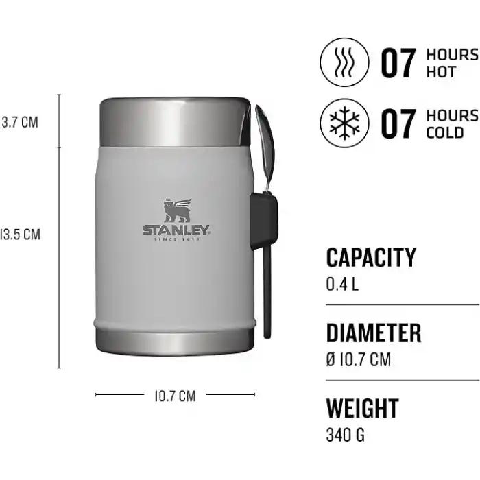 STANLEY Classic Legendary Yemek Termosu + Kaşık 0.4 Litre - Gri (Ash) | Paslanmaz Çelik