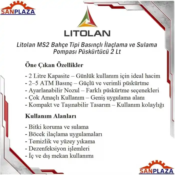 Litolan MS2 Bahçe Tipi Basınçlı İlaçlama ve Sulama Pompası Püskürtücü 2 Lt