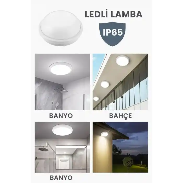 Artos 15W LED Beyaz Tavan Duvar Lambası IP65 Su Geçirmez | Beyaz Işık 6500K | 1500 Lümen | 220V | Banyo Bahçe Balkon İçin Dış Mekan Aydınlatma | 120W Ampul Eşdeğeri