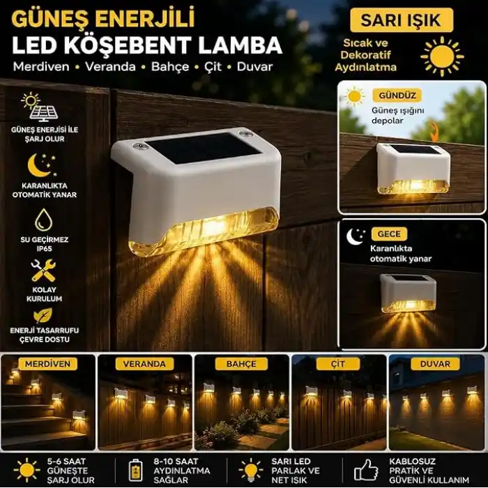Beyaz Solar Güneş Enerjili Beyaz Köşebent Merdiven Veranda Bahçe LED Lamba Dekoratif Dış Mekan Aydınlatma 4 Lü