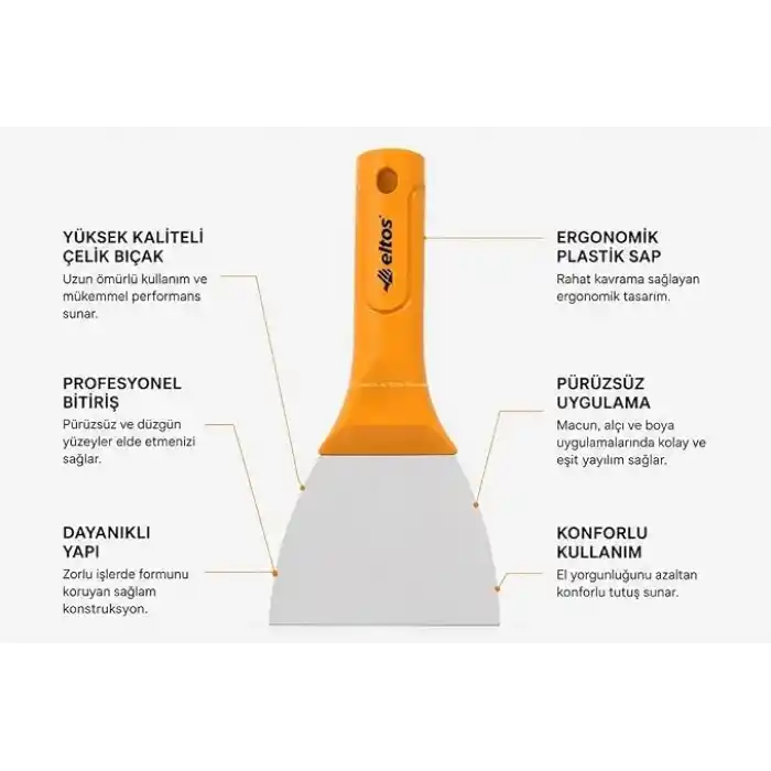 Eltos Saptak Spatula, Çelik Uçlu Spatula, Ergonomik Plastik Saplı, Dayanıklı Güçlü Yapı, Alçı, Boya, Macun Uygulama Malası, İnşaat, Hırdavat, Profesyonel El Aleti (100 mm)