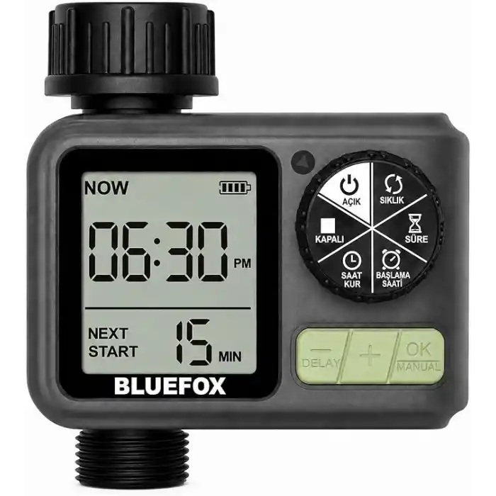 Bluefox Dijital Sulama Zamanlayıcı – Programlanabilir Bahçe Sulama Cihazı, Otomatik Hortum & Musluk Tipi Timer, LCD Ekran, Manuel Mod + Rain Delay, 3/4 Bağlantı, Pilli Dış Mekan Sulama Kontrol Cihazı