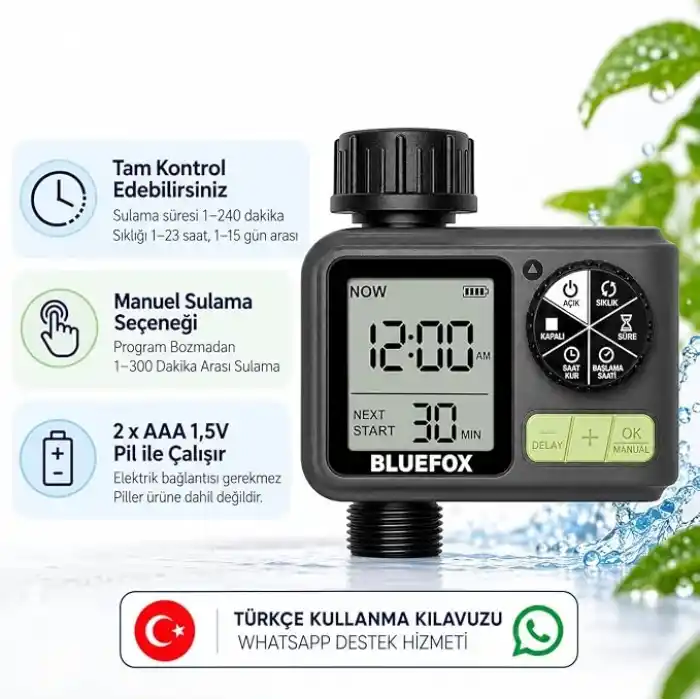 Bluefox Dijital Sulama Zamanlayıcı – Programlanabilir Bahçe Sulama Cihazı, Otomatik Hortum & Musluk Tipi Timer, LCD Ekran, Manuel Mod + Rain Delay, 3/4 Bağlantı, Pilli Dış Mekan Sulama Kontrol Cihazı