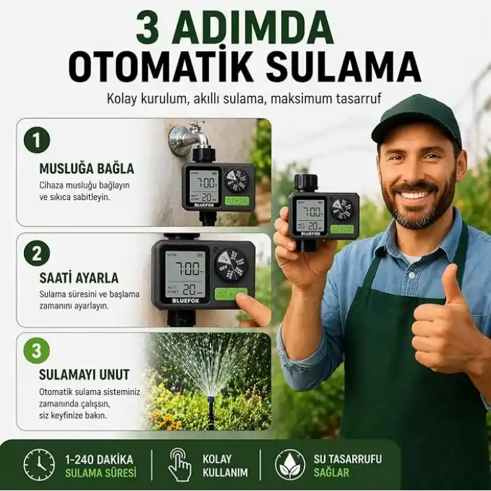 Bluefox Dijital Sulama Zamanlayıcı – Programlanabilir Bahçe Sulama Cihazı, Otomatik Hortum & Musluk Tipi Timer, LCD Ekran, Manuel Mod + Rain Delay, 3/4 Bağlantı, Pilli Dış Mekan Sulama Kontrol Cihazı