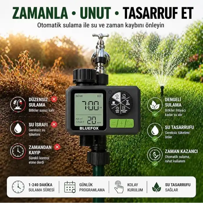 Bluefox Dijital Sulama Zamanlayıcı – Programlanabilir Bahçe Sulama Cihazı, Otomatik Hortum & Musluk Tipi Timer, LCD Ekran, Manuel Mod + Rain Delay, 3/4 Bağlantı, Pilli Dış Mekan Sulama Kontrol Cihazı