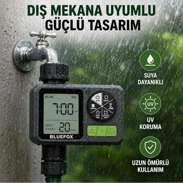 Bluefox Dijital Sulama Zamanlayıcı – Programlanabilir Bahçe Sulama Cihazı, Otomatik Hortum & Musluk Tipi Timer, LCD Ekran, Manuel Mod + Rain Delay, 3/4 Bağlantı, Pilli Dış Mekan Sulama Kontrol Cihazı