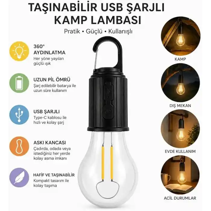 Orret Home Şarjlı Kamp Ampulü USB Type-C Girişli Asılabilir LED Ampul 3 Modlu Işık Gün Işığı Kamp Lambası Taşınabilir Acil Durum Işığı Kancalı Ampul Outdoor Kamp Aydınlatma
