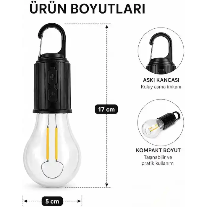 Orret Home Şarjlı Kamp Ampulü USB Type-C Girişli Asılabilir LED Ampul 3 Modlu Işık Gün Işığı Kamp Lambası Taşınabilir Acil Durum Işığı Kancalı Ampul Outdoor Kamp Aydınlatma