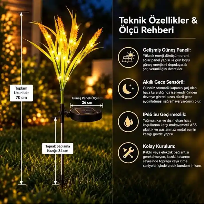 Coverzone 2 ADET Güneş Enerjili Buğday Başak Solar Bahçe Lambası, Sensörlü Sıcak Sarı LED, Dış Mekan Çim Yol Peyzaj Aydınlatması, SLRS202
