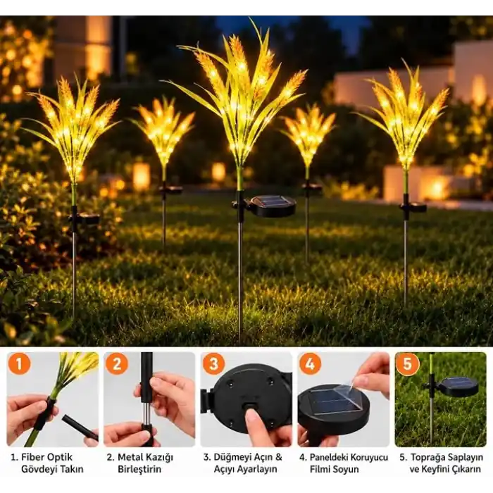 Coverzone 2 ADET Güneş Enerjili Buğday Başak Solar Bahçe Lambası, Sensörlü Sıcak Sarı LED, Dış Mekan Çim Yol Peyzaj Aydınlatması, SLRS202