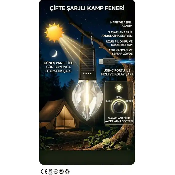 Solar ve Type-C Şarjlı Kamp Lambası | 3 Kademeli Işık, Şarj Göstergeli, Asılabilir Suya Dayanıklı Çadır ve Doğa Feneri