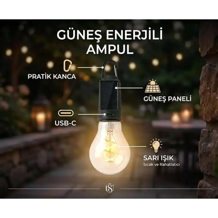 Solar ve Type-C Şarjlı Kamp Lambası | 3 Kademeli Işık, Şarj Göstergeli, Asılabilir Suya Dayanıklı Çadır ve Doğa Feneri