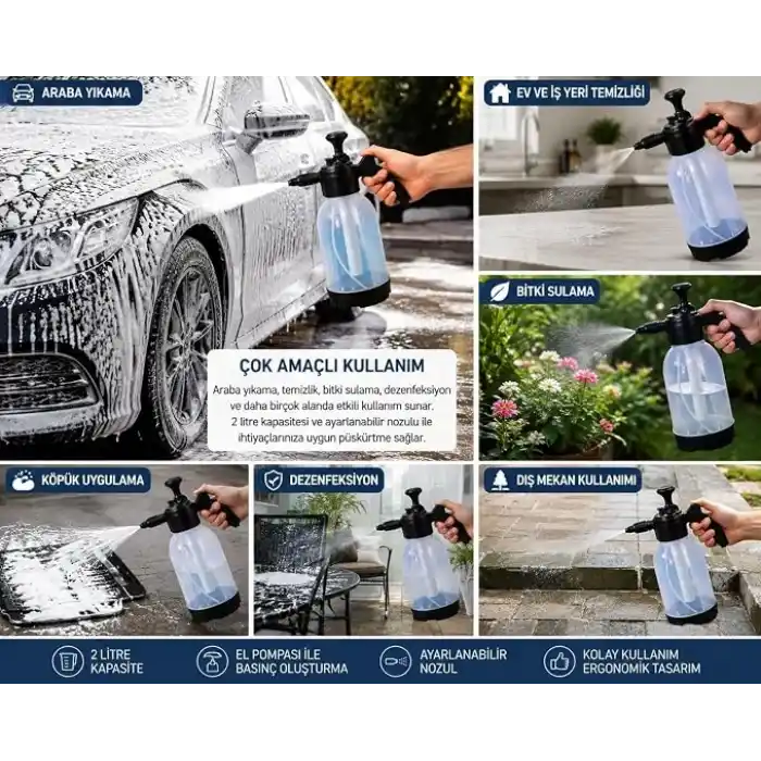 Dordoi Köpük Pompası Püskürtücü | 2Litre El Pompası Köpürtücü ve Püskürtücü | Araba Yıkama, Oto Bakım, Temizlik ve Sulama İçin Basınçlı Kaliteli Sprey Şişesi