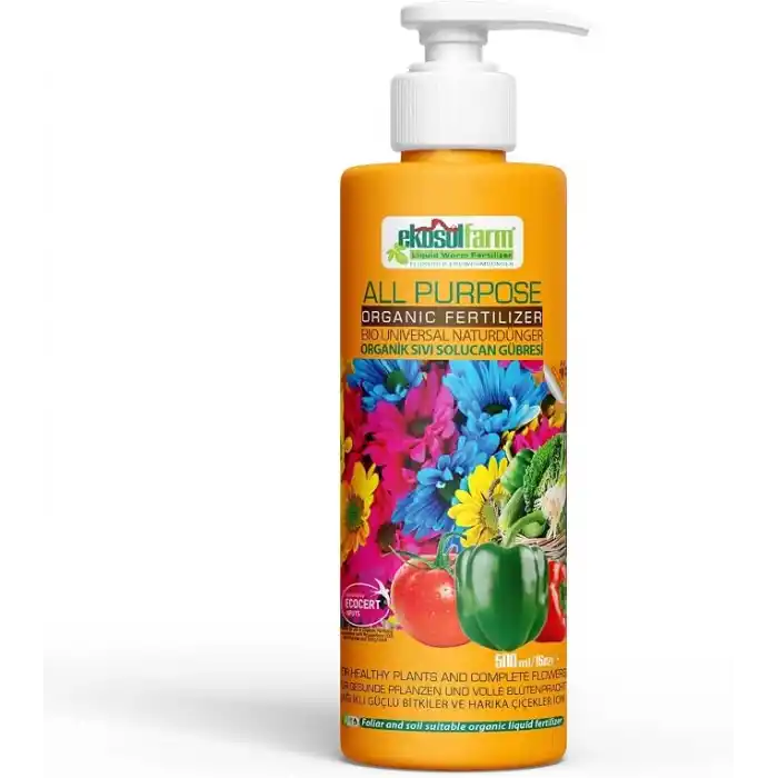 EkosolFarm Sıvı Solucan Gübresi, Ev Bitkileri, Çiçekli Bitkiler, Meyve ve Sebzeler için Üniversal Organik Sıvı Gübre Organik Sertifikalı, 500 ml