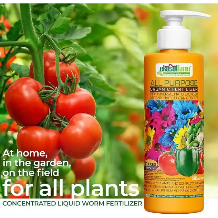 EkosolFarm Sıvı Solucan Gübresi, Ev Bitkileri, Çiçekli Bitkiler, Meyve ve Sebzeler için Üniversal Organik Sıvı Gübre Organik Sertifikalı, 500 ml