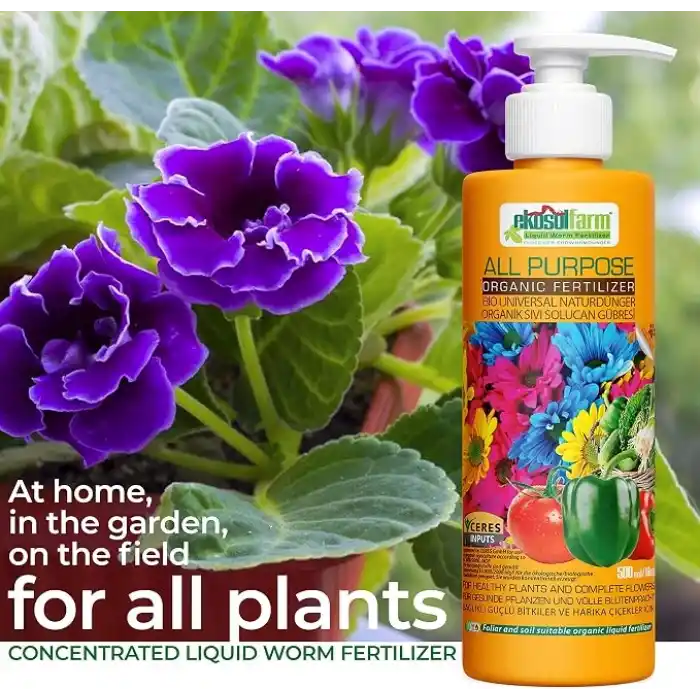 EkosolFarm Sıvı Solucan Gübresi, Ev Bitkileri, Çiçekli Bitkiler, Meyve ve Sebzeler için Üniversal Organik Sıvı Gübre Organik Sertifikalı, 500 ml