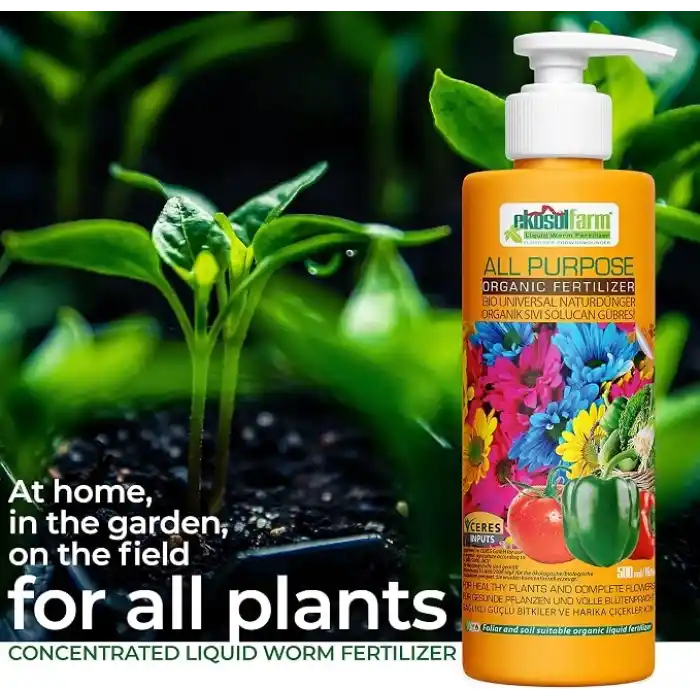 EkosolFarm Sıvı Solucan Gübresi, Ev Bitkileri, Çiçekli Bitkiler, Meyve ve Sebzeler için Üniversal Organik Sıvı Gübre Organik Sertifikalı, 500 ml
