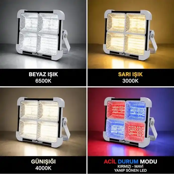 200W Solar LED Projektör, 3 Renk Işık Modlu Şarjlı Kamp Lambası, USB Girişli Güneş Panelli Acil Durum Işığı İP44