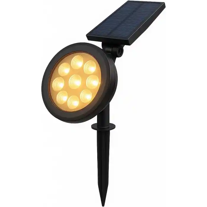 18W Güneş Enerjili Bahçe Armatürü – 9 LED 3200K Günışığı, IP65 Su Geçirmez Solar Spot Lamba, 200 Lümen, Kazıklı veya Duvara Montaj, Açılı Aydınlatma