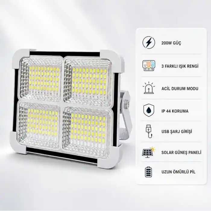 200W Solar LED Projektör, 3 Renk Işık Modlu Şarjlı Kamp Lambası, USB Girişli Güneş Panelli Acil Durum Işığı İP44
