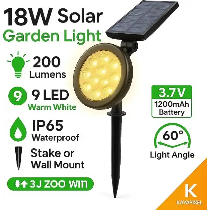 18W Güneş Enerjili Bahçe Armatürü – 9 LED 3200K Günışığı, IP65 Su Geçirmez Solar Spot Lamba, 200 Lümen, Kazıklı veya Duvara Montaj, Açılı Aydınlatma