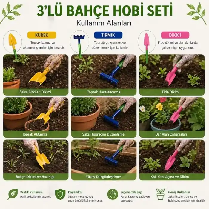 Orret Home 3’lü Mini Bahçe Hobi Seti Kürek Tırmık Dikici Seti Kaktüs Sukulent Saksı Bitkileri İçin El Aletleri Çiçek Dikim Seti (ASORTİ RENK)