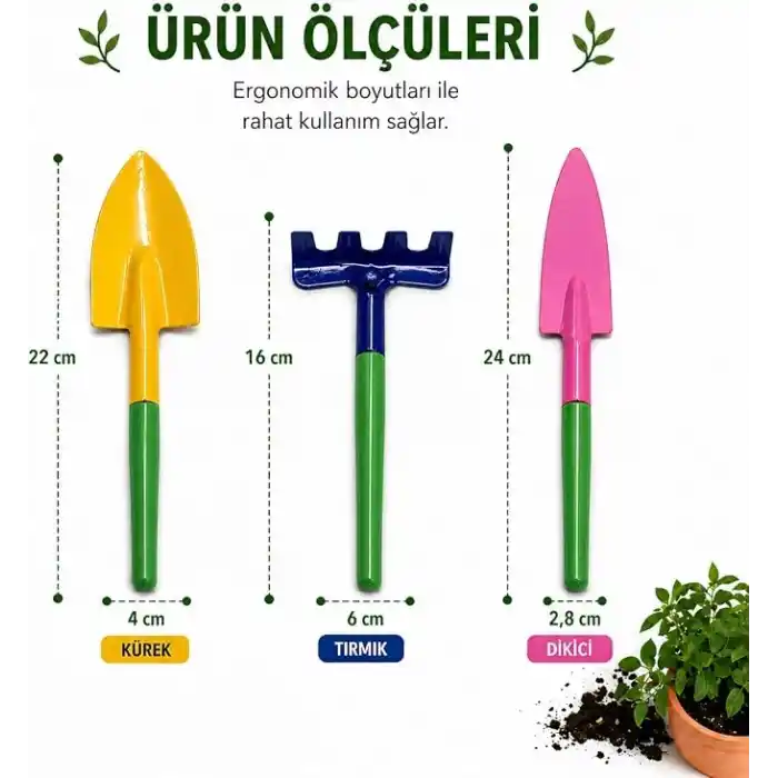 Orret Home 3’lü Mini Bahçe Hobi Seti Kürek Tırmık Dikici Seti Kaktüs Sukulent Saksı Bitkileri İçin El Aletleri Çiçek Dikim Seti (ASORTİ RENK)