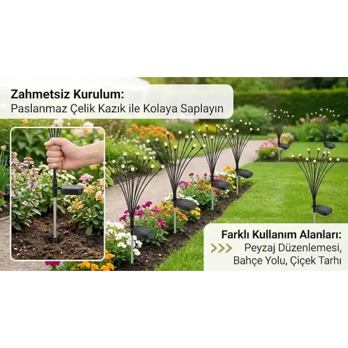Güneş Enerjili Ateş Böceği Bahçe Aydınlatması, IP65 Su Geçirmez Dış Mekan Dekoratif Solar Lamba, 2 Modlu (Sabit/Yanıp Sönen), Otomatik Sensörlü Çim, Veranda ve Peyzaj Işığı