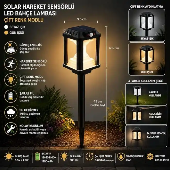 Panter Solar Bahçe Aydınlatması, Balkon Dekorasyonu, Güneş Enerjili Hareket Sensörlü, 3000K Sarı Gün Işığı Filament LED Dış Mekan Su Geçirmez Çim Yol Peyzaj Patika Aydınlatma Dekoratif Lamba 55 CM
