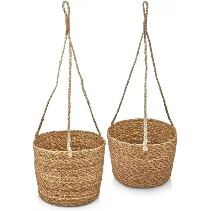 Deconox 2li Asılabilir El Yapımı ve Doğal Yuvarlak Hasır Saksılık Seti, 2li İpli Asılabilir Hasır Yuvarlak Saksı Seti (23cm*18cm-20cm*15cm)