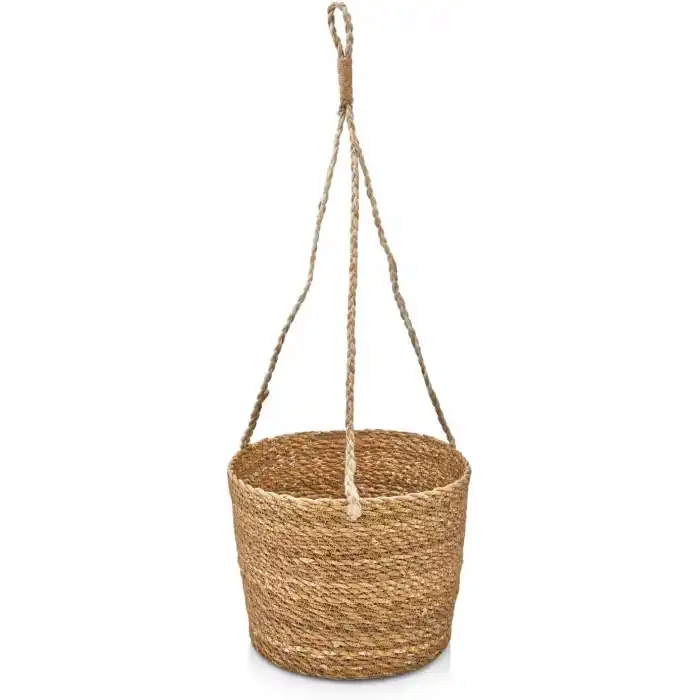 Deconox 2li Asılabilir El Yapımı ve Doğal Yuvarlak Hasır Saksılık Seti, 2li İpli Asılabilir Hasır Yuvarlak Saksı Seti (23cm*18cm-20cm*15cm)