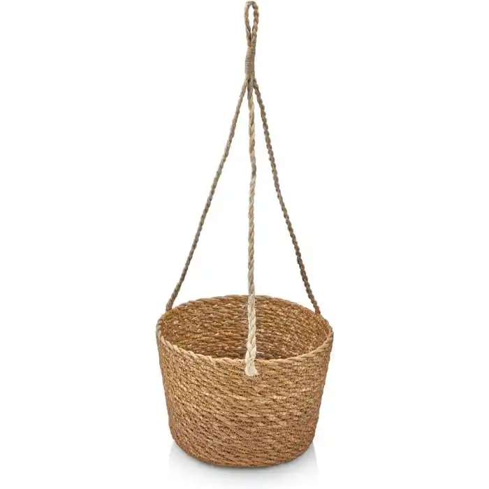Deconox 2li Asılabilir El Yapımı ve Doğal Yuvarlak Hasır Saksılık Seti, 2li İpli Asılabilir Hasır Yuvarlak Saksı Seti (23cm*18cm-20cm*15cm)
