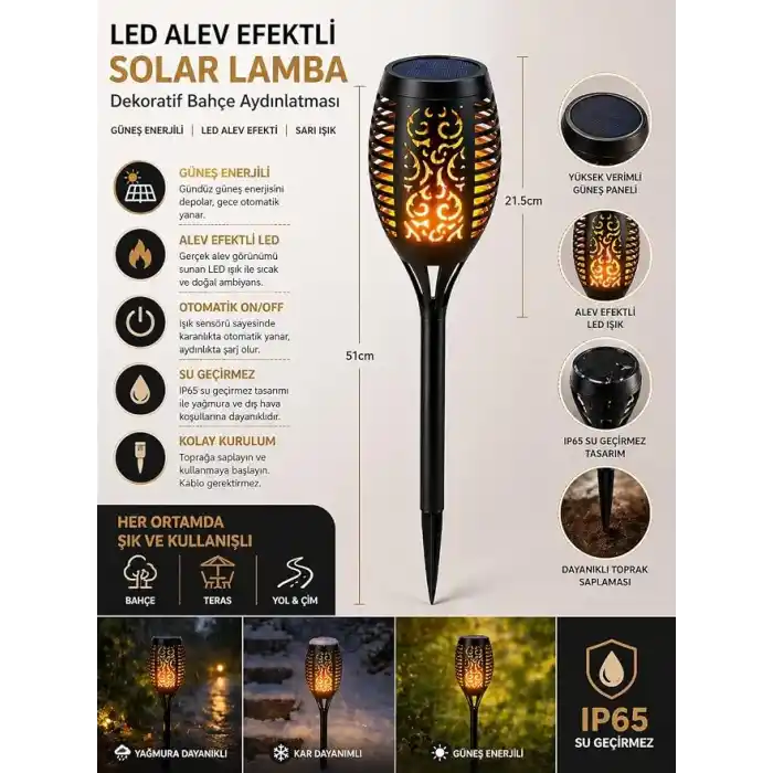 Busstier Led Alev Efektli Solar Lamba Dekoratif Bahçe Aydınlatma Meşale Güneş Enerjili Dış Mekan Teras Çim Yol Aydınlatması Sarı Işık Bahçe Dekor Lambası