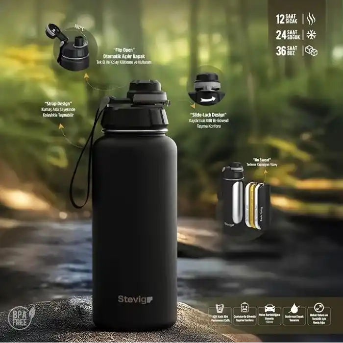 Stevig 1 Hand Leak-Proof Sızdırmaz Çelik Termos 1500 ML Smoke Green ST-256