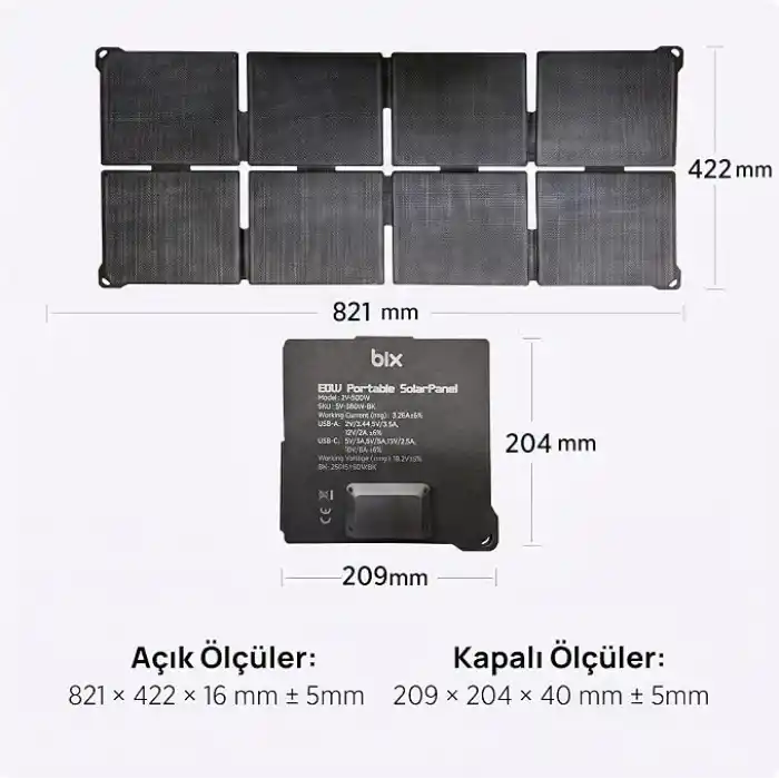 Bix 60W Katlanabilir Taşınabilir Solar Şarj Paneli IP67 Suya Dayanıklı USB-A USB-C ve DC Çıkışlı Power Station Uyumlu Kamp Karavan Outdoor Güneş Paneli