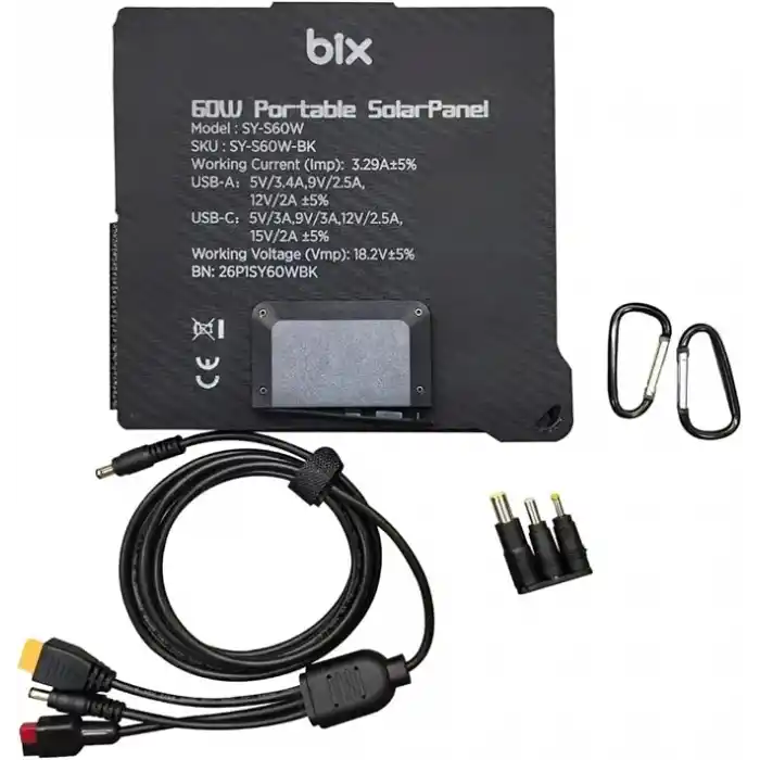 Bix 60W Katlanabilir Taşınabilir Solar Şarj Paneli IP67 Suya Dayanıklı USB-A USB-C ve DC Çıkışlı Power Station Uyumlu Kamp Karavan Outdoor Güneş Paneli