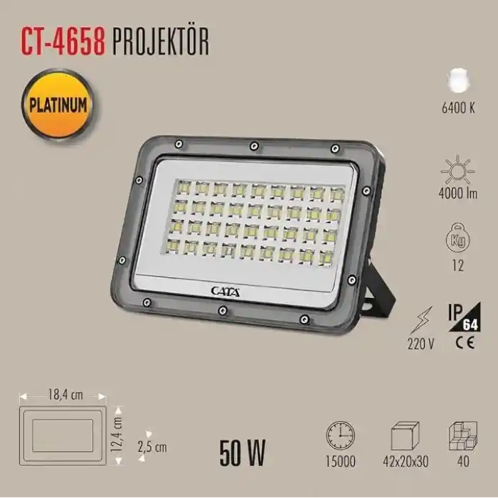 Amber LED 50W Slim LED Projektör Cata CT-4658B - Beyaz Işık 6400K