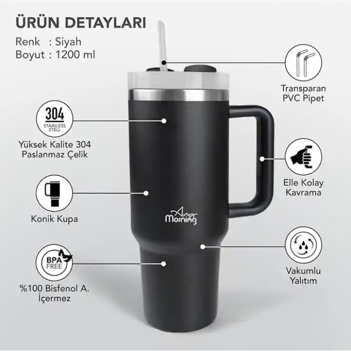 Any Morning Vaha 1200 ml Üç Kademe Çevirmeli Kapaklı Çift Katman Çelik Termos Mug Siyah SI2440217