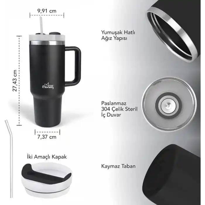 Any Morning Vaha 1200 ml Üç Kademe Çevirmeli Kapaklı Çift Katman Çelik Termos Mug Siyah SI2440217