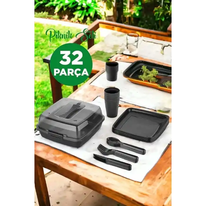 Arsimo 32 Parça Kare Piknik Seti Tabak Çatal Kaşık Bıçak Bardak (Antrasit)