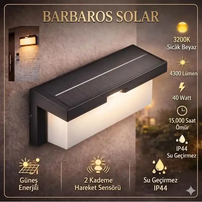 Barbaros Solar 2 Kademe Hareket Sensörlü Cata Dış Mekan LED Aplik - 40W Güçlü 4300 Lümen 3200K Gün Işığı - IP44 Su Geçirmez Kablosuz Bahçe, Teras ve Duvar Aydınlatması (Güneş Enerjili)