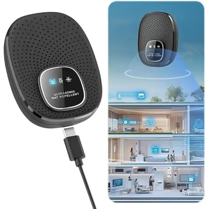 Ultrasonik Fare Böcek Kovucu, Akıllı Çip Teknolojisi, 7x24 Koruma, Evcil Hayvan Dostu, 500m² Kapsama Alanı, 3 Modlu, USB Güç Kaynağı, Siyah