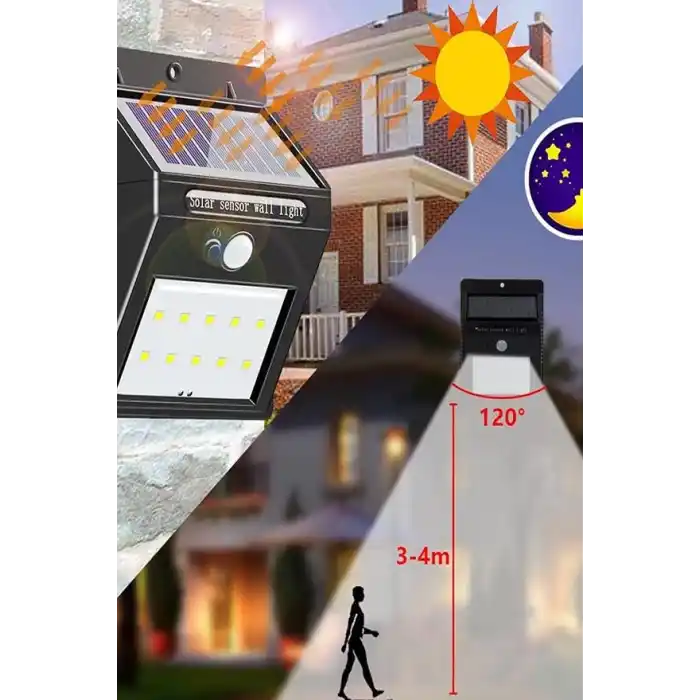 Chermik Pır Hareket Sensörlü 20 Led Solar Güneş Enerjili Su Geçirmez Duvar Lambası